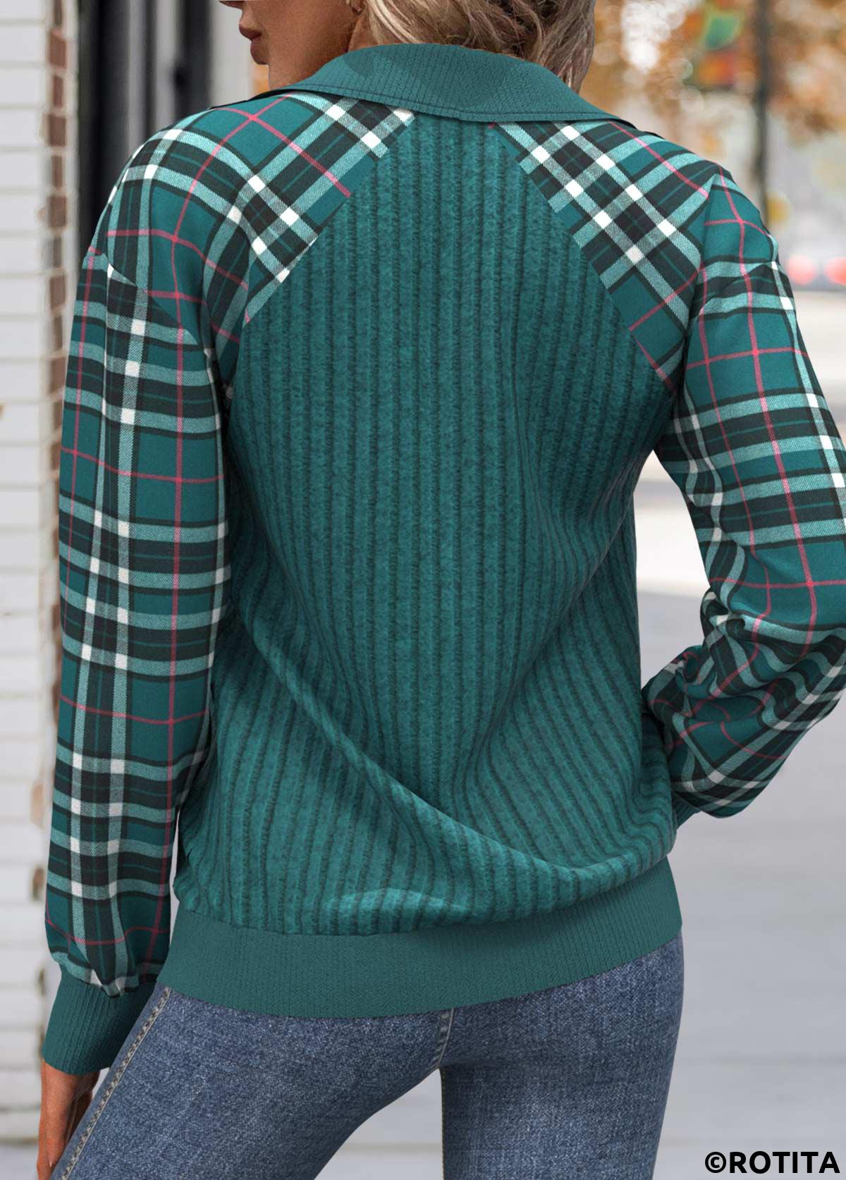 Peacock Blue tops,Plaid tops,ROTITA Patchwork Plaid Peacock Blue Turn Down Collar Sweatshirt
