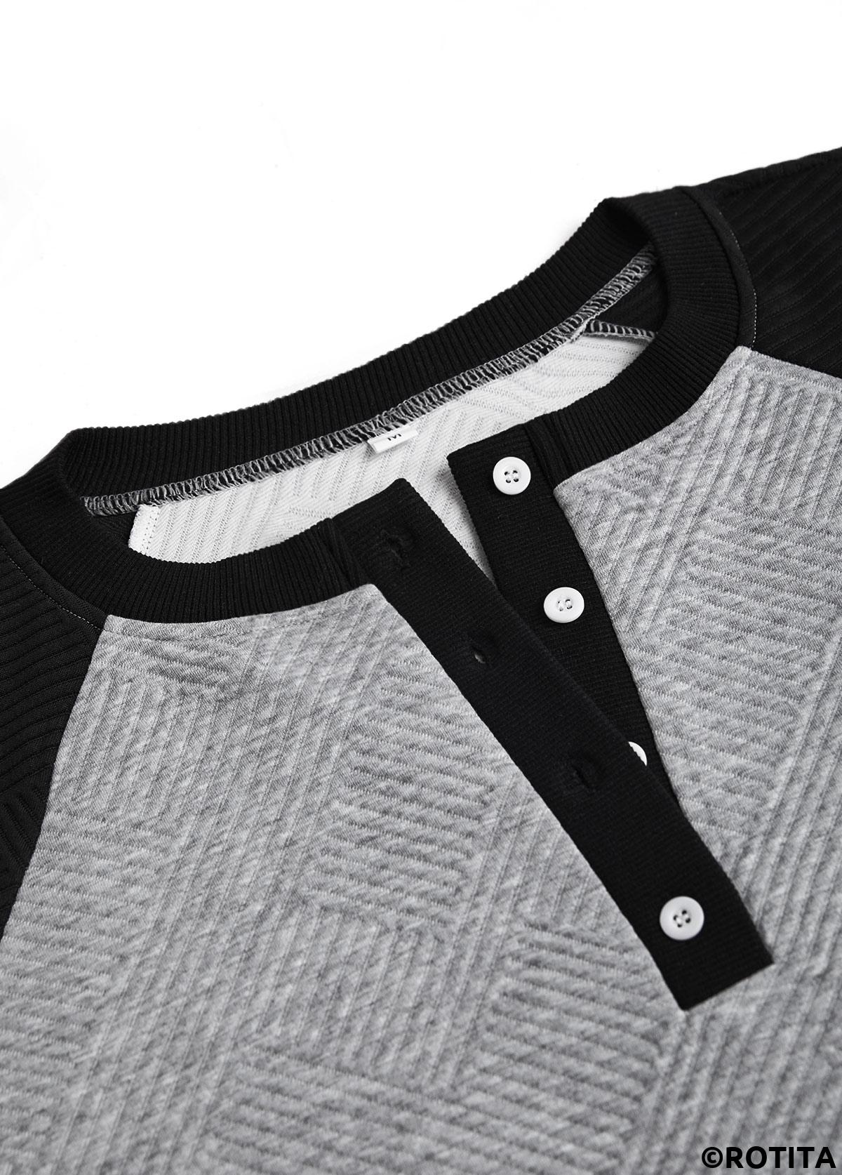 Light Grey tops,Contrast Color tops,ROTITA Button Light Grey Split Neck Long Sleeve Sweatshirt