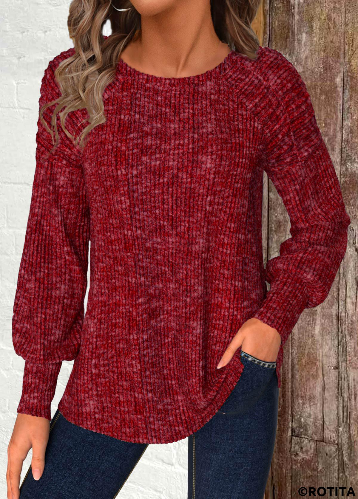 Wine Red tops,Plain Color tops,ROTITA Wine Red Round Neck Long Sleeve T Shirt