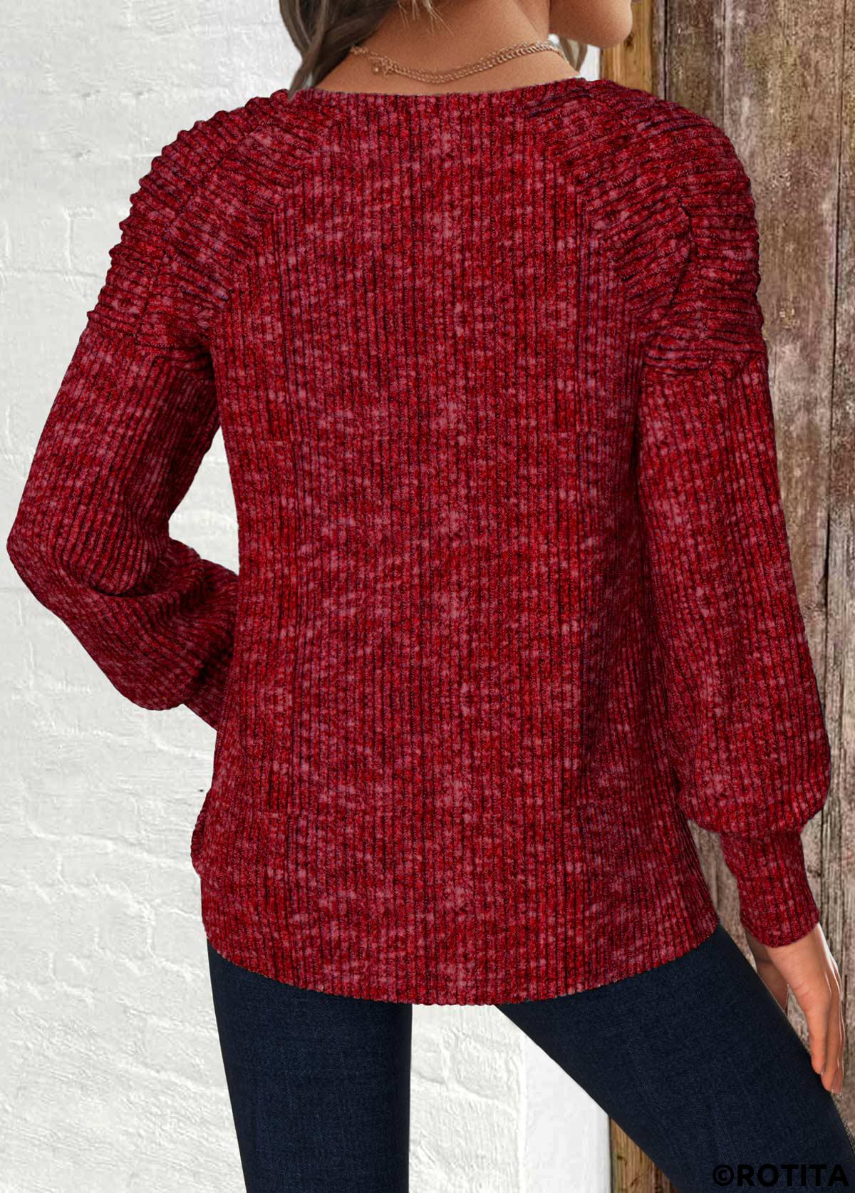 Wine Red tops,Plain Color tops,ROTITA Wine Red Round Neck Long Sleeve T Shirt