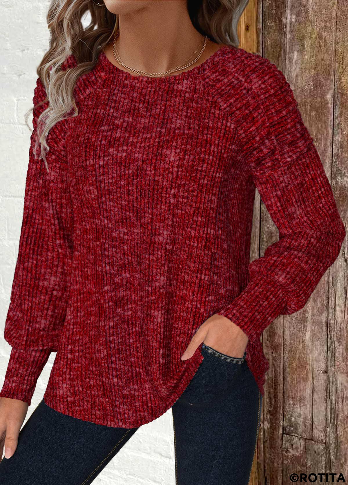 Wine Red tops,Plain Color tops,ROTITA Wine Red Round Neck Long Sleeve T Shirt