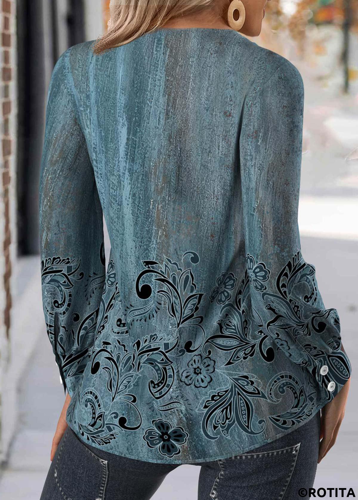 T-shirt col V à imprimé floral et boutons Rotita bleu paon