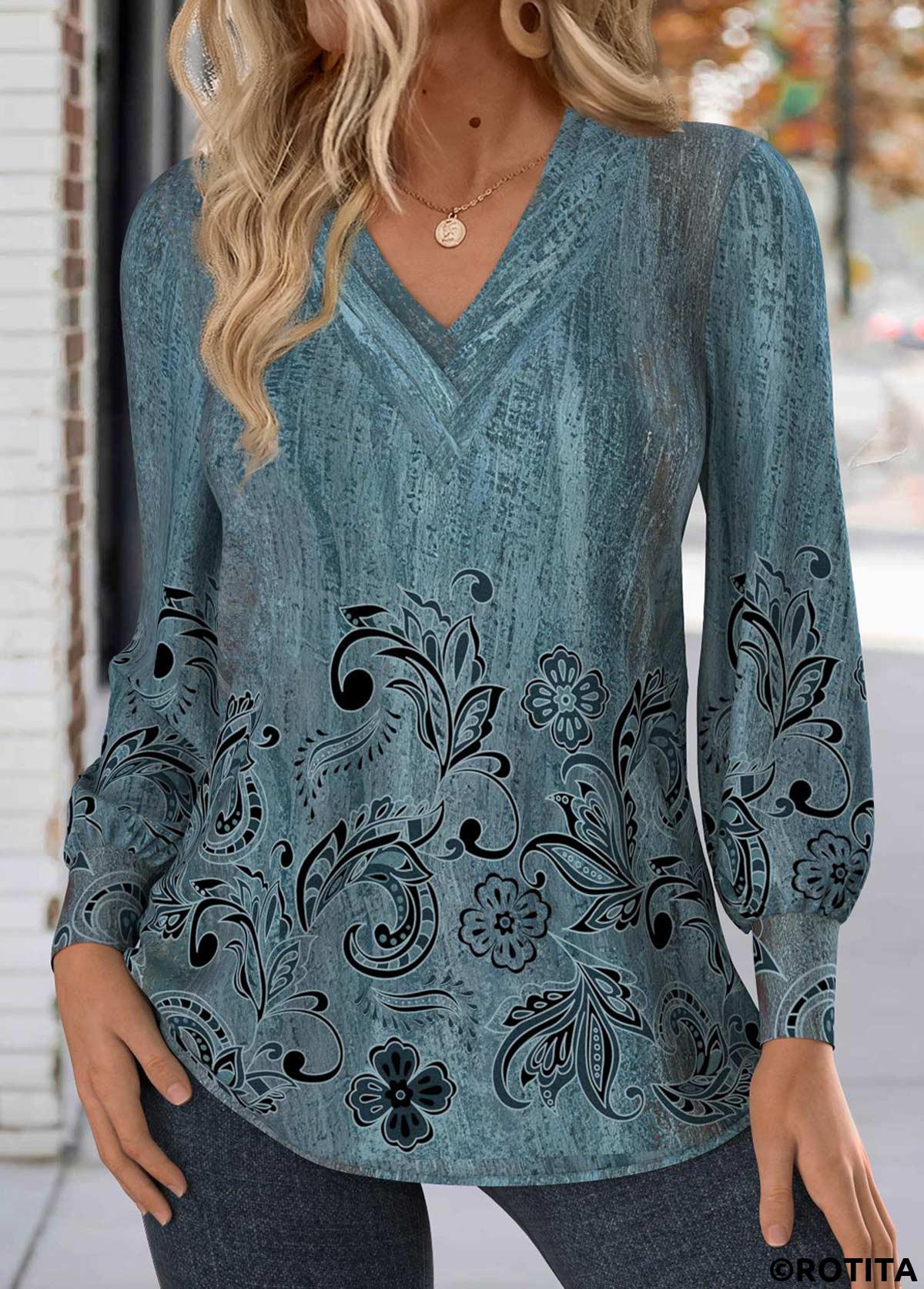 T-shirt col V à imprimé floral et boutons Rotita bleu paon