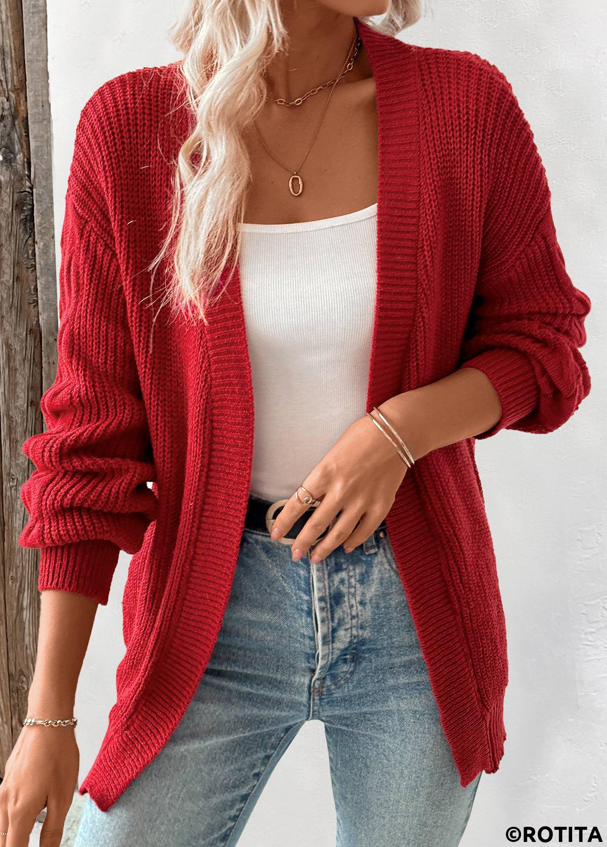 Wine Red tops,Plain Color tops,Wine Red Tunic Long Sleeve Cardigan