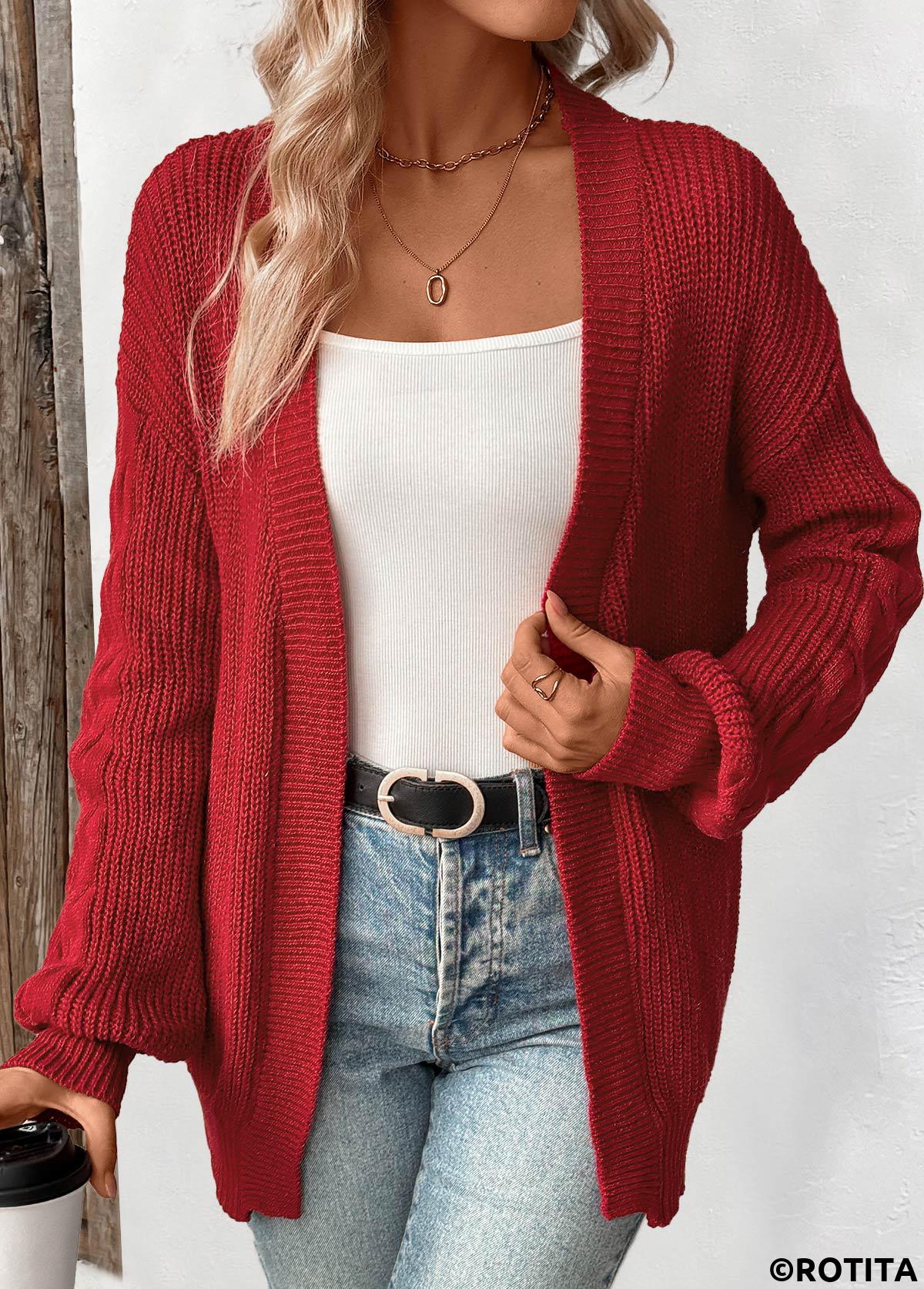 Wine Red tops,Plain Color tops,Wine Red Tunic Long Sleeve Cardigan