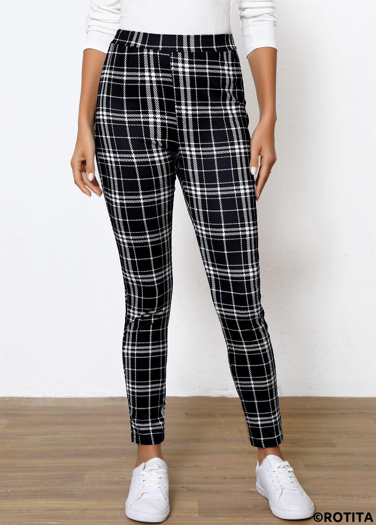 Black bottoms,Geometric bottoms,Plaid bottoms,Plaid Black High Waisted Elastic Waist Ankle Length Leggings