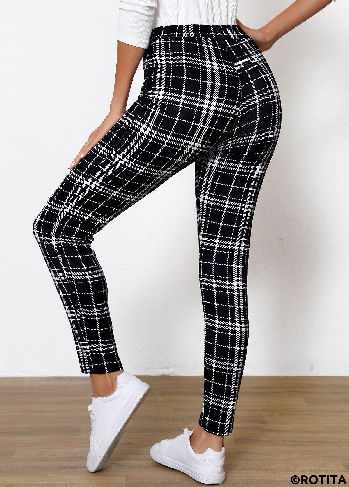Black bottoms,Geometric bottoms,Plaid bottoms,Plaid Black High Waisted Elastic Waist Ankle Length Leggings