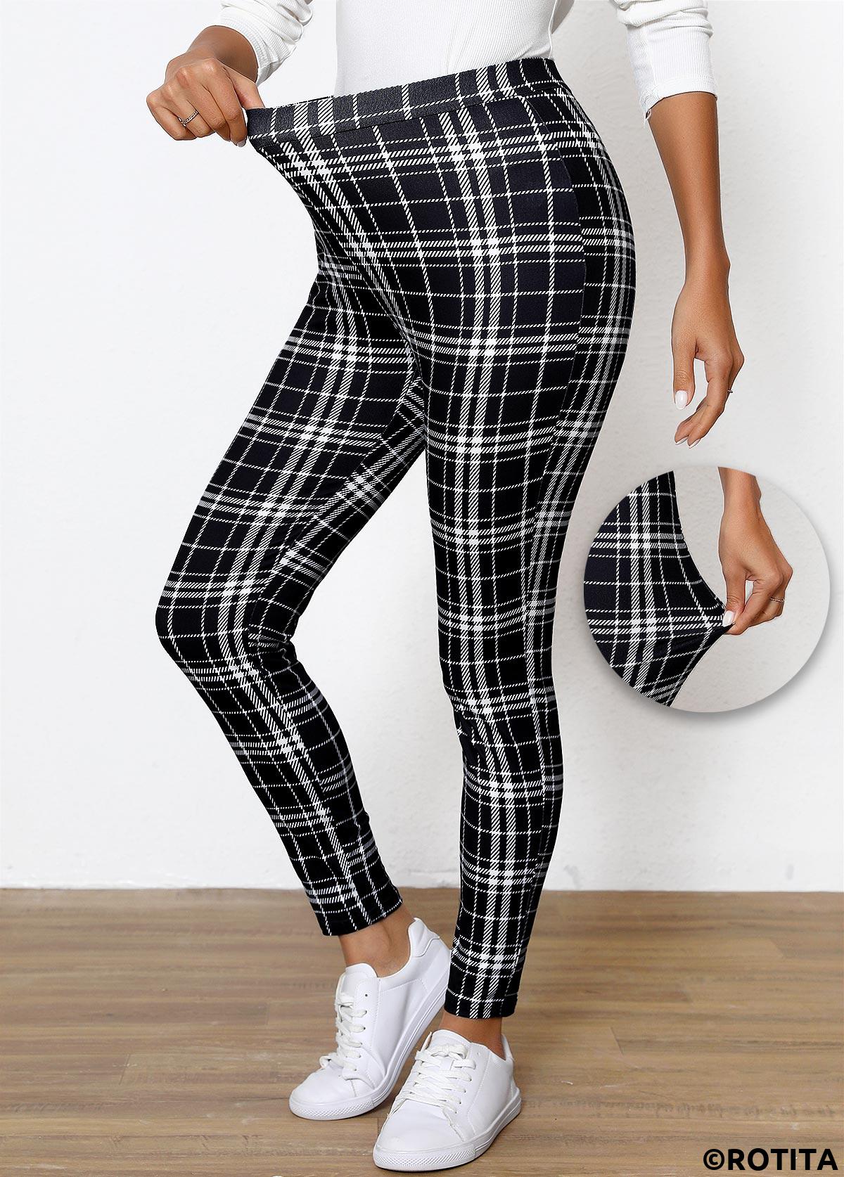 Black bottoms,Geometric bottoms,Plaid bottoms,Plaid Black High Waisted Elastic Waist Ankle Length Leggings