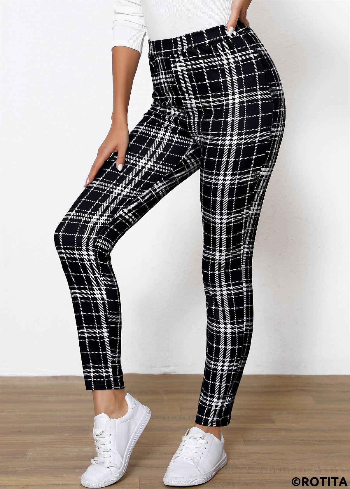 Black bottoms,Geometric bottoms,Plaid bottoms,Plaid Black High Waisted Elastic Waist Ankle Length Leggings
