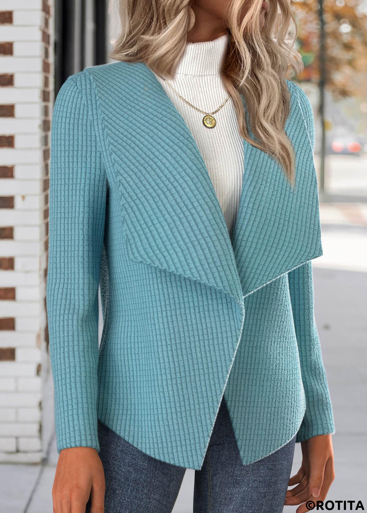 Neon Blue tops,Plain Color tops,ROTITA Textured Fabric Neon Blue Turn Down Collar Coat