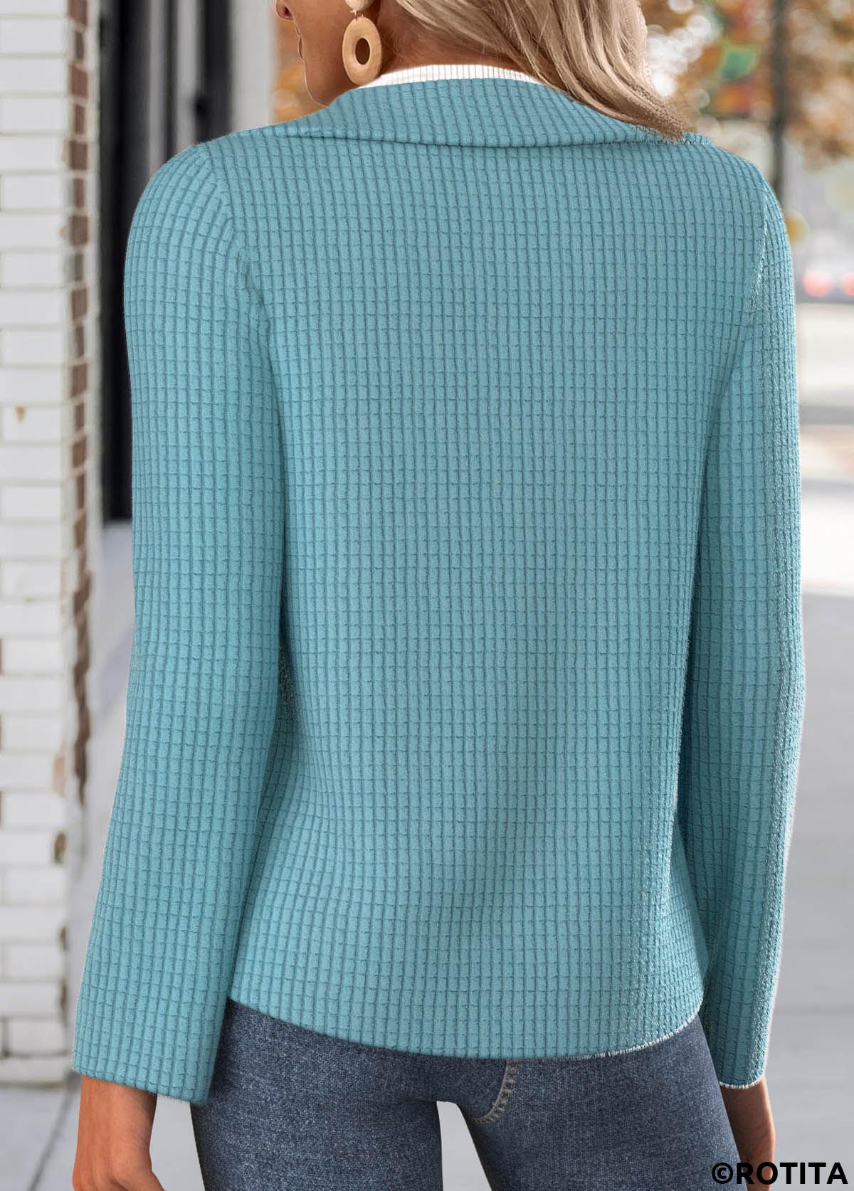 Neon Blue tops,Plain Color tops,ROTITA Textured Fabric Neon Blue Turn Down Collar Coat