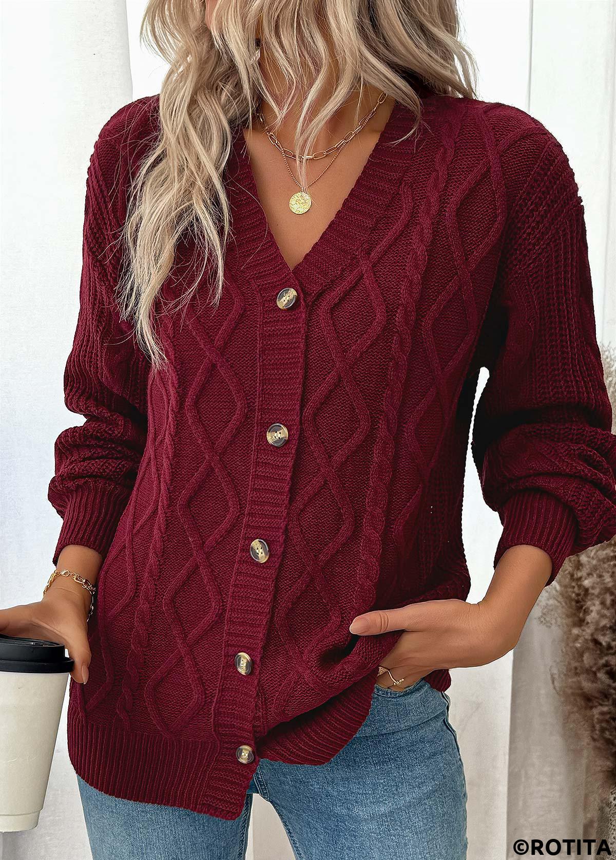 Wine Red tops,Plain Color tops,Button Wine Red Long Sleeve Cardigan