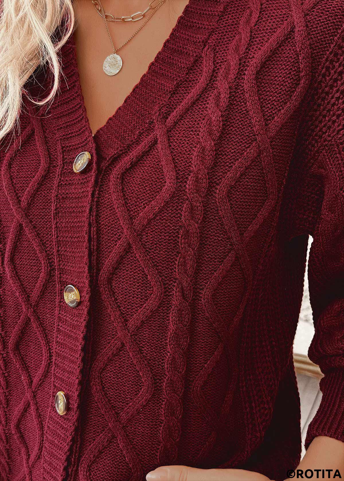 Wine Red tops,Plain Color tops,Button Wine Red Long Sleeve Cardigan