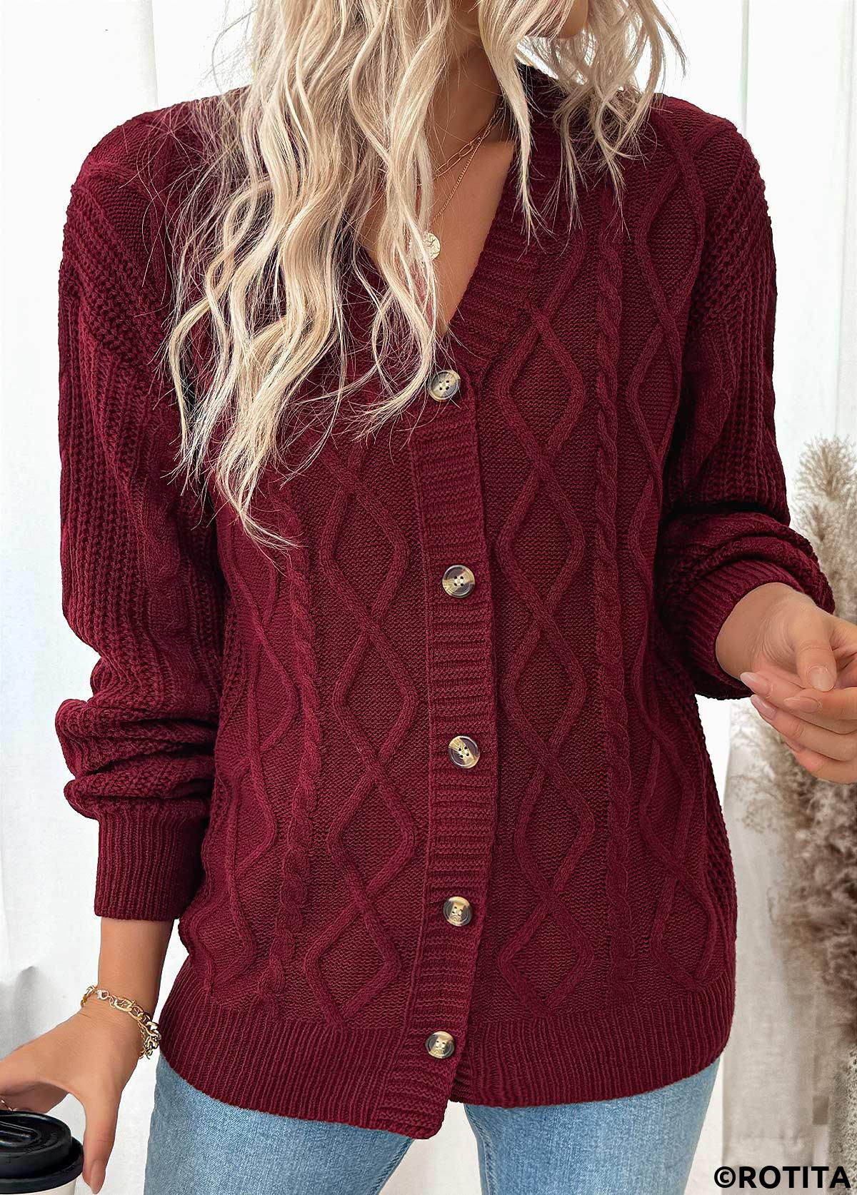 Wine Red tops,Plain Color tops,Button Wine Red Long Sleeve Cardigan