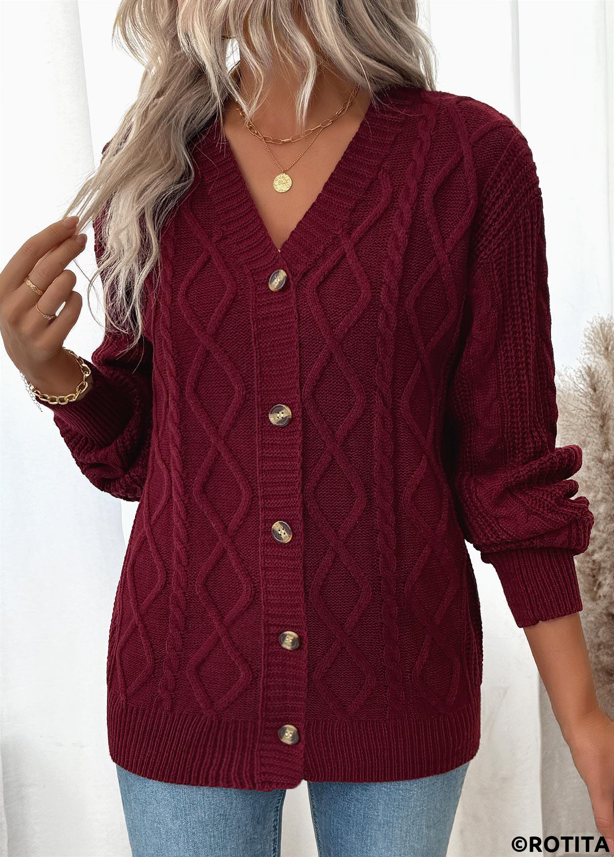 Wine Red tops,Plain Color tops,Button Wine Red Long Sleeve Cardigan