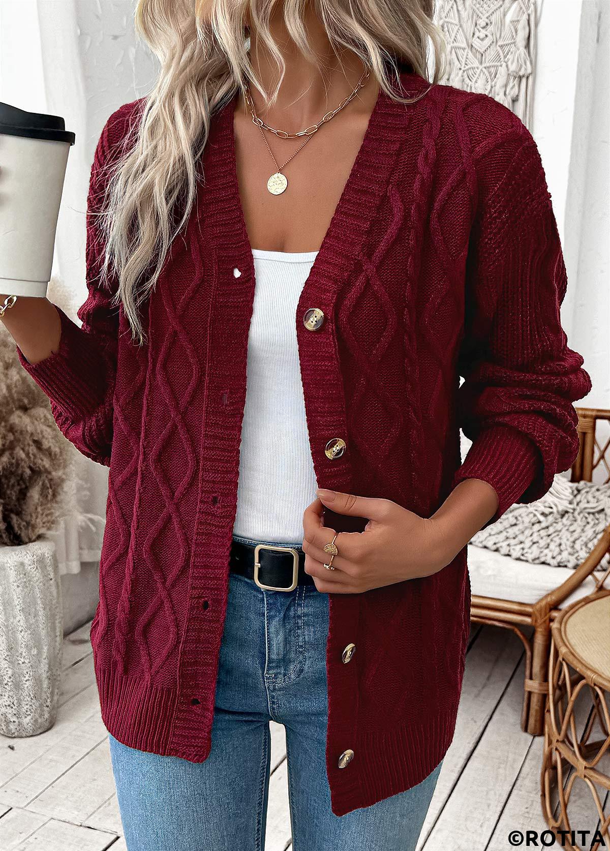Wine Red tops,Plain Color tops,Button Wine Red Long Sleeve Cardigan