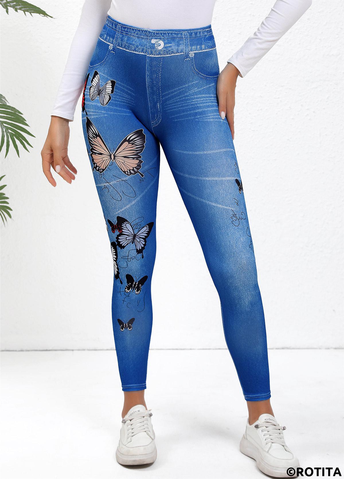 Blue bottoms,Animal Print bottoms,Patchwork Butterfly Print Blue Skinny Elastic Waist Pants