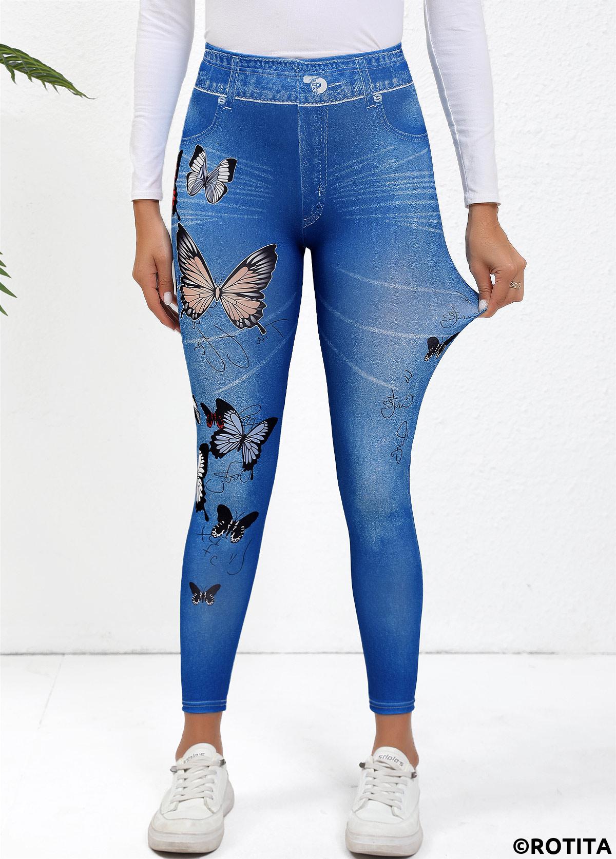 Blue bottoms,Animal Print bottoms,Patchwork Butterfly Print Blue Skinny Elastic Waist Pants
