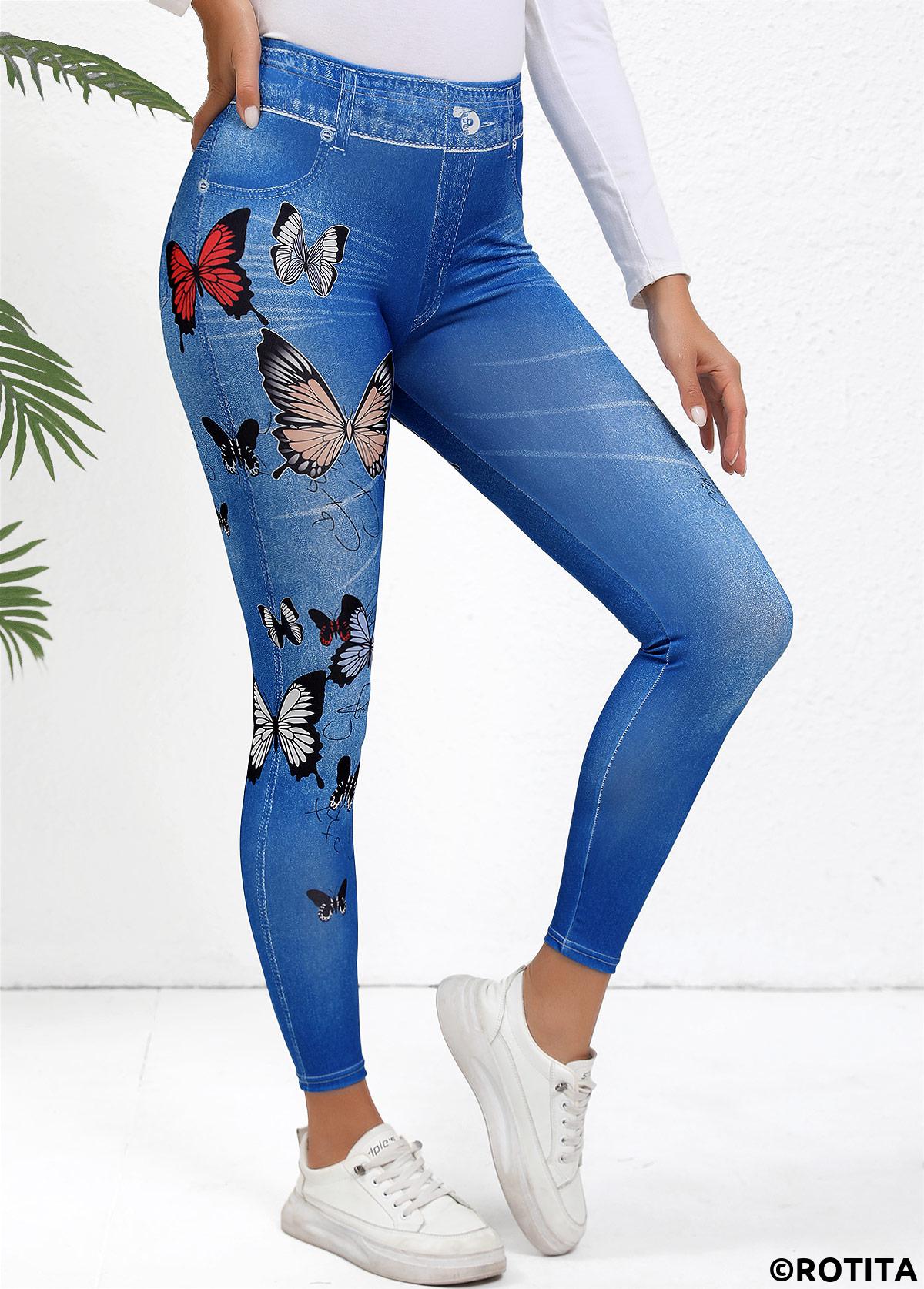 Blue bottoms,Animal Print bottoms,Patchwork Butterfly Print Blue Skinny Elastic Waist Pants
