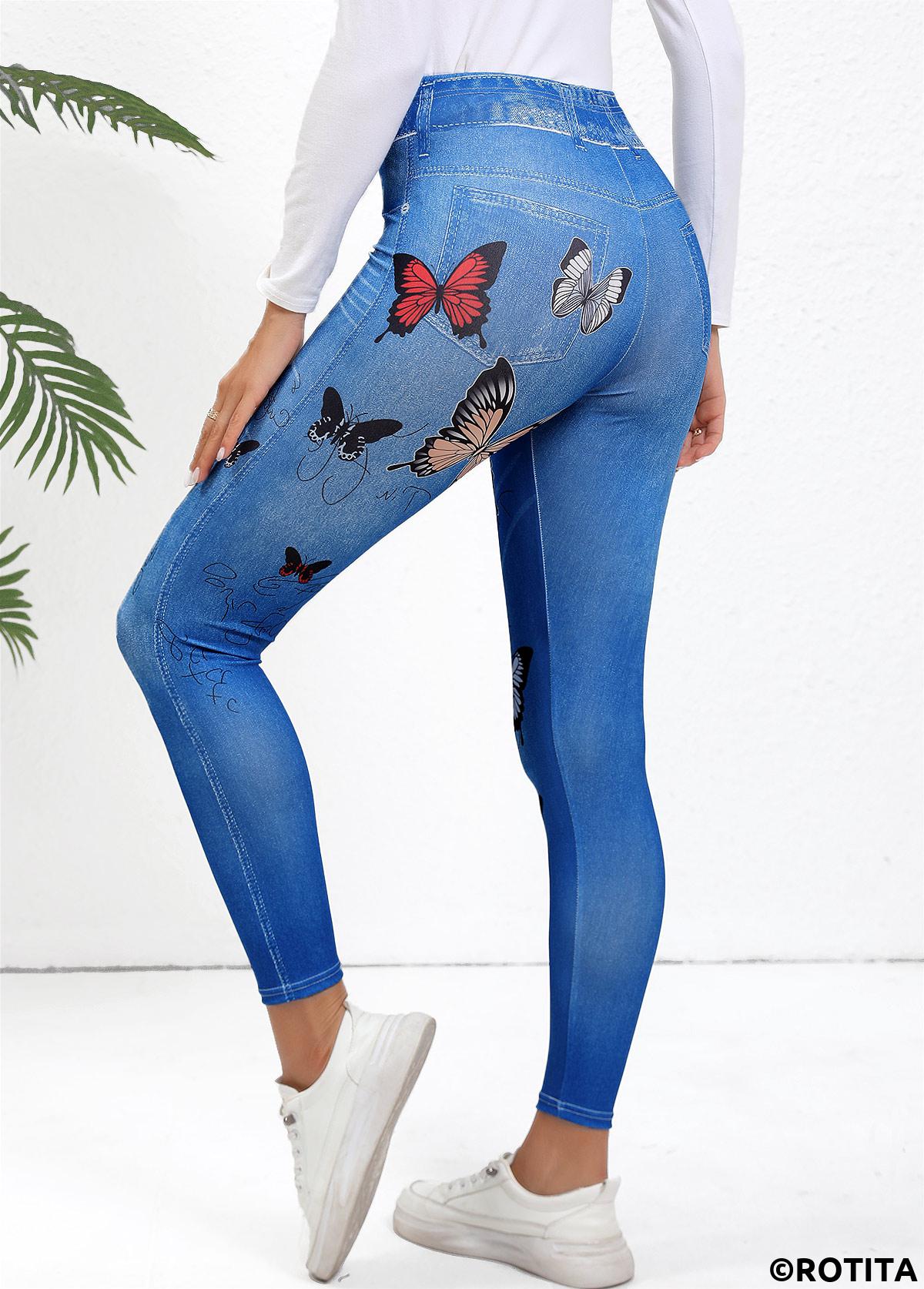 Blue bottoms,Animal Print bottoms,Patchwork Butterfly Print Blue Skinny Elastic Waist Pants