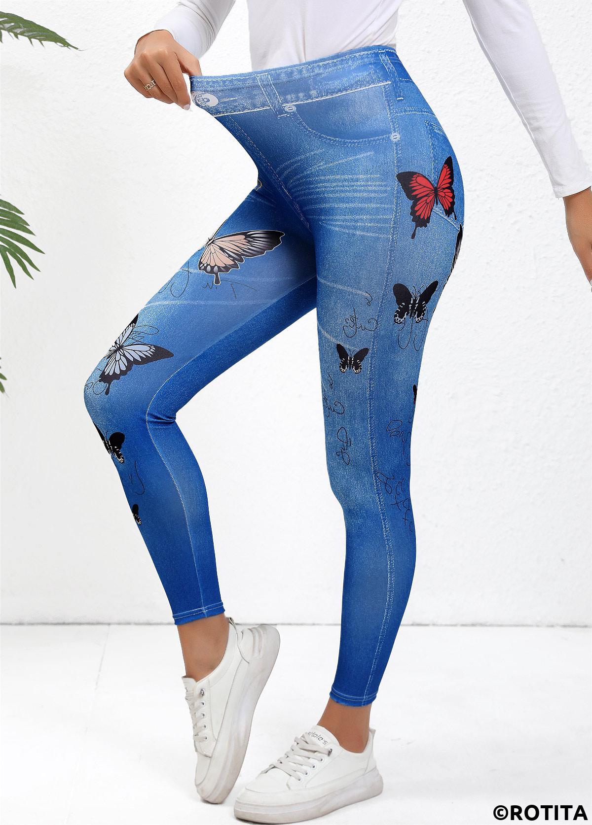 Blue bottoms,Animal Print bottoms,Patchwork Butterfly Print Blue Skinny Elastic Waist Pants