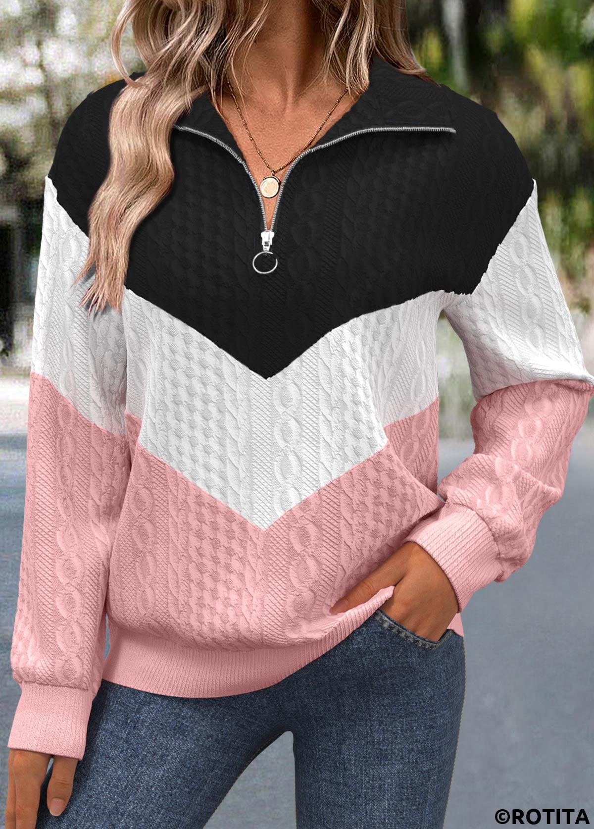 Pink tops,Contrast Color tops,ROTITA Jacquard Pink Turn Down Collar Long Sleeve Sweatshirt
