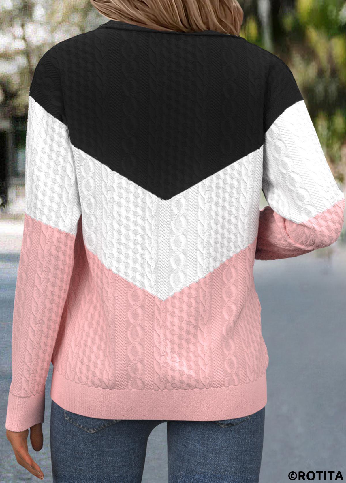 Pink tops,Contrast Color tops,ROTITA Jacquard Pink Turn Down Collar Long Sleeve Sweatshirt