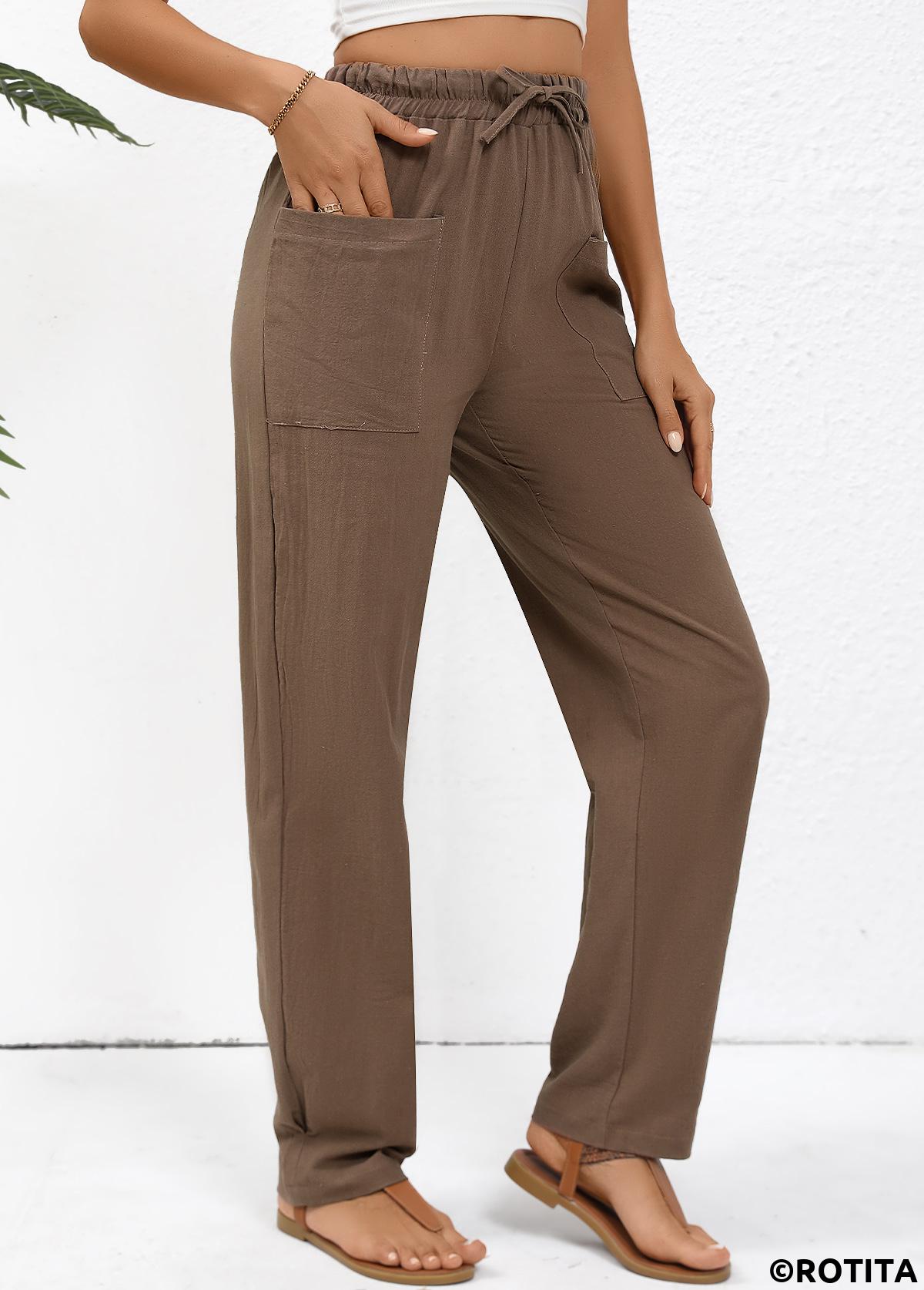 Dark Coffee bottoms,Plain Color bottoms,Drawstring Dark Coffee Straight Leg Elastic Waist Pants