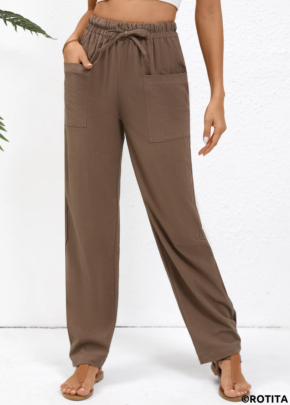 Dark Coffee bottoms,Plain Color bottoms,Drawstring Dark Coffee Straight Leg Elastic Waist Pants