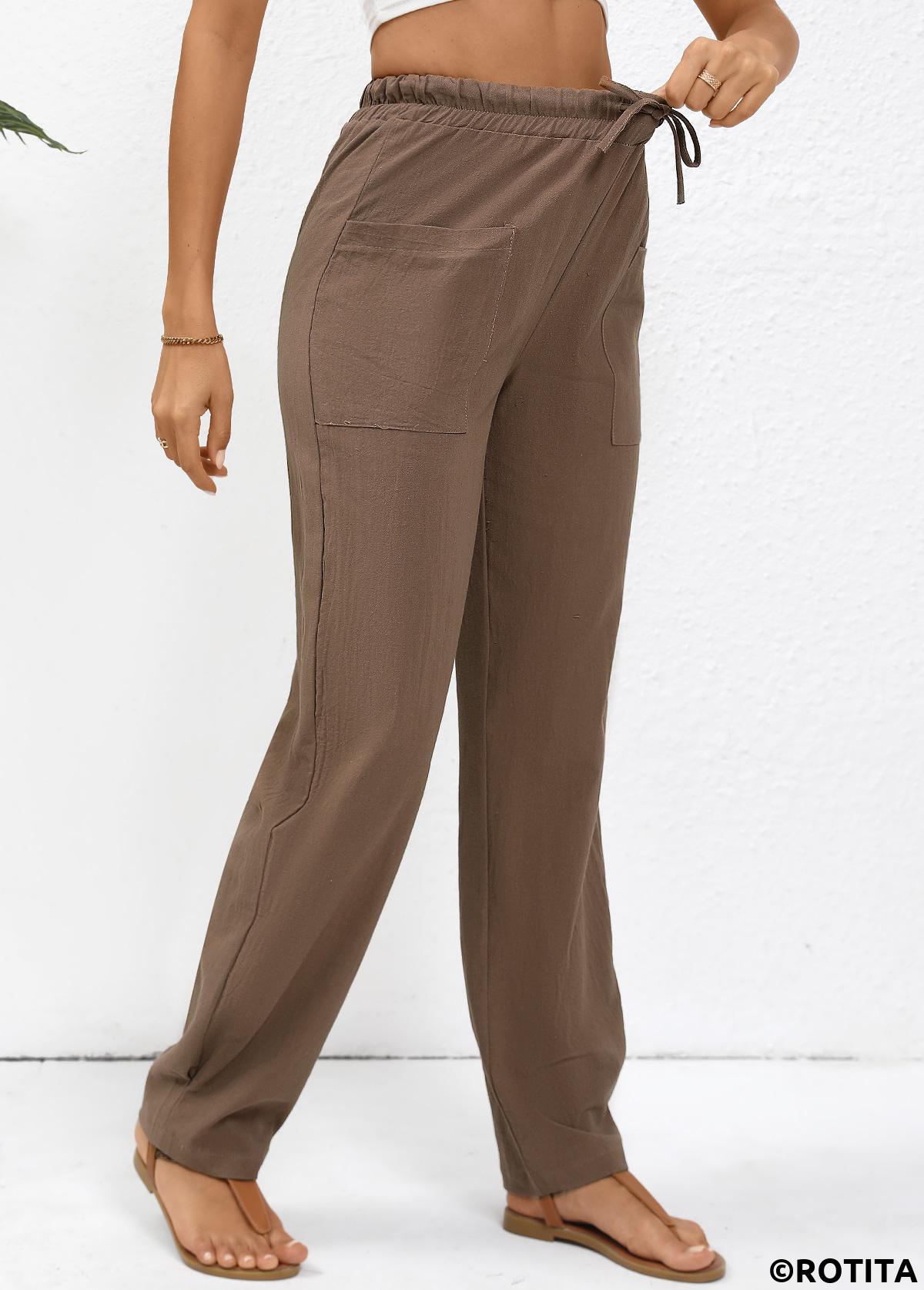 Dark Coffee bottoms,Plain Color bottoms,Drawstring Dark Coffee Straight Leg Elastic Waist Pants