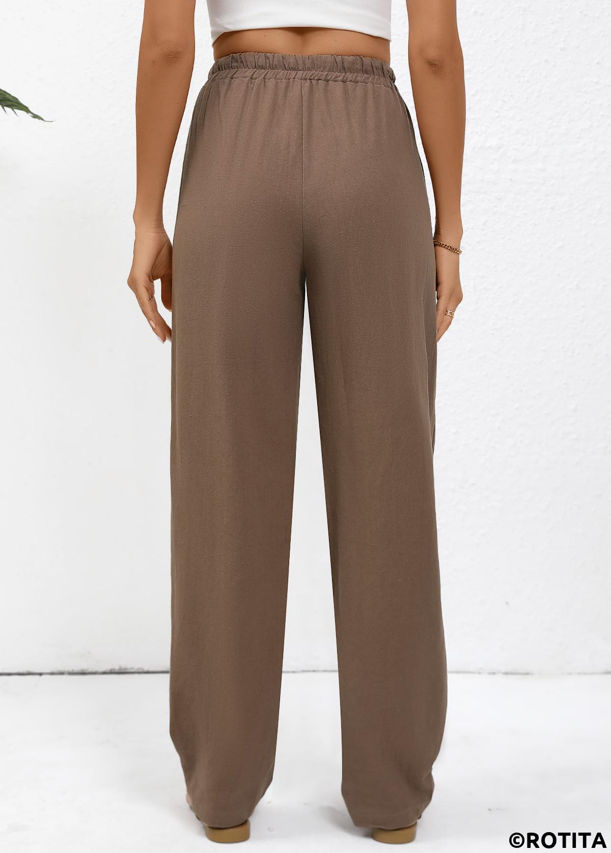 Dark Coffee bottoms,Plain Color bottoms,Drawstring Dark Coffee Straight Leg Elastic Waist Pants