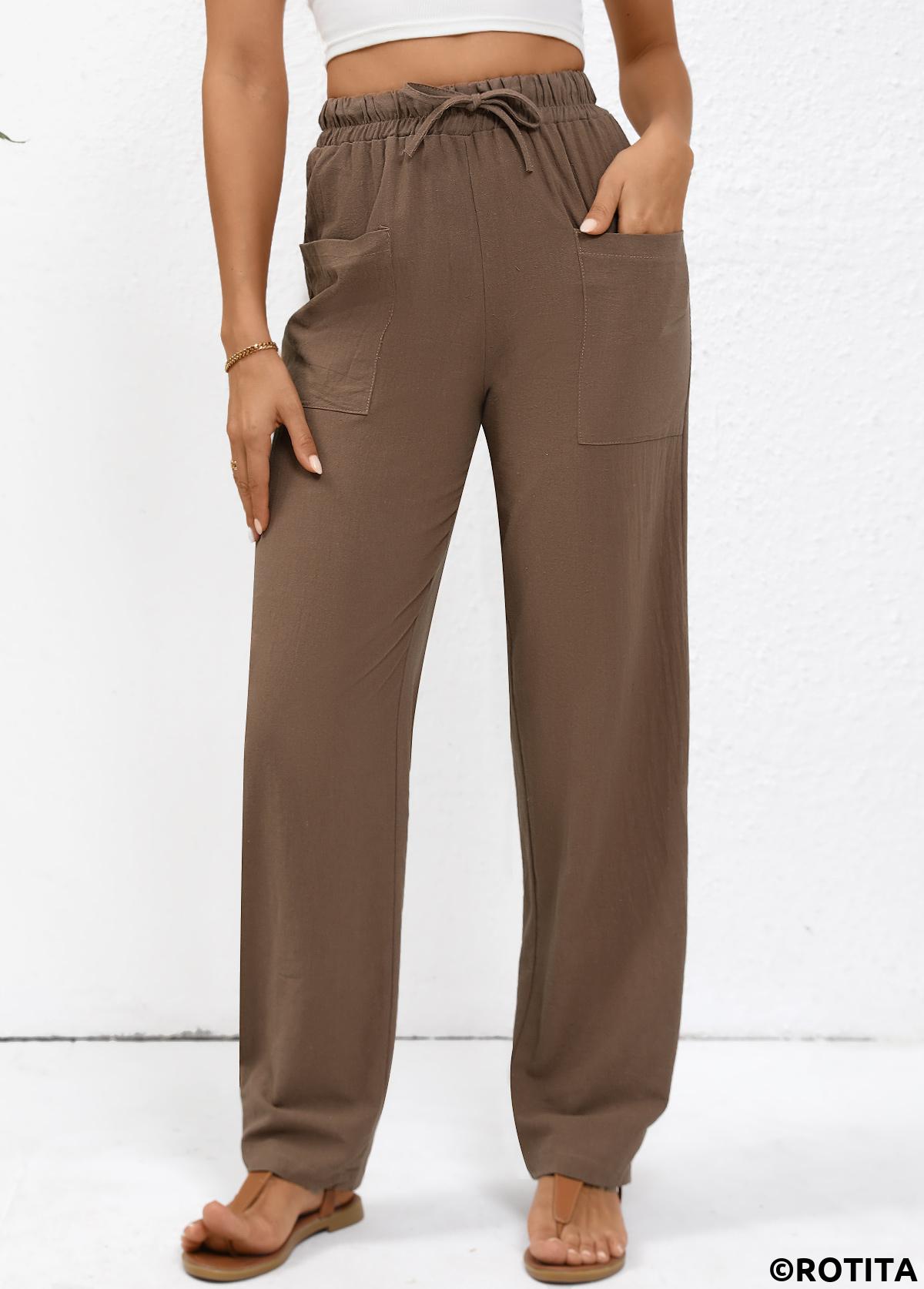 Dark Coffee bottoms,Plain Color bottoms,Drawstring Dark Coffee Straight Leg Elastic Waist Pants