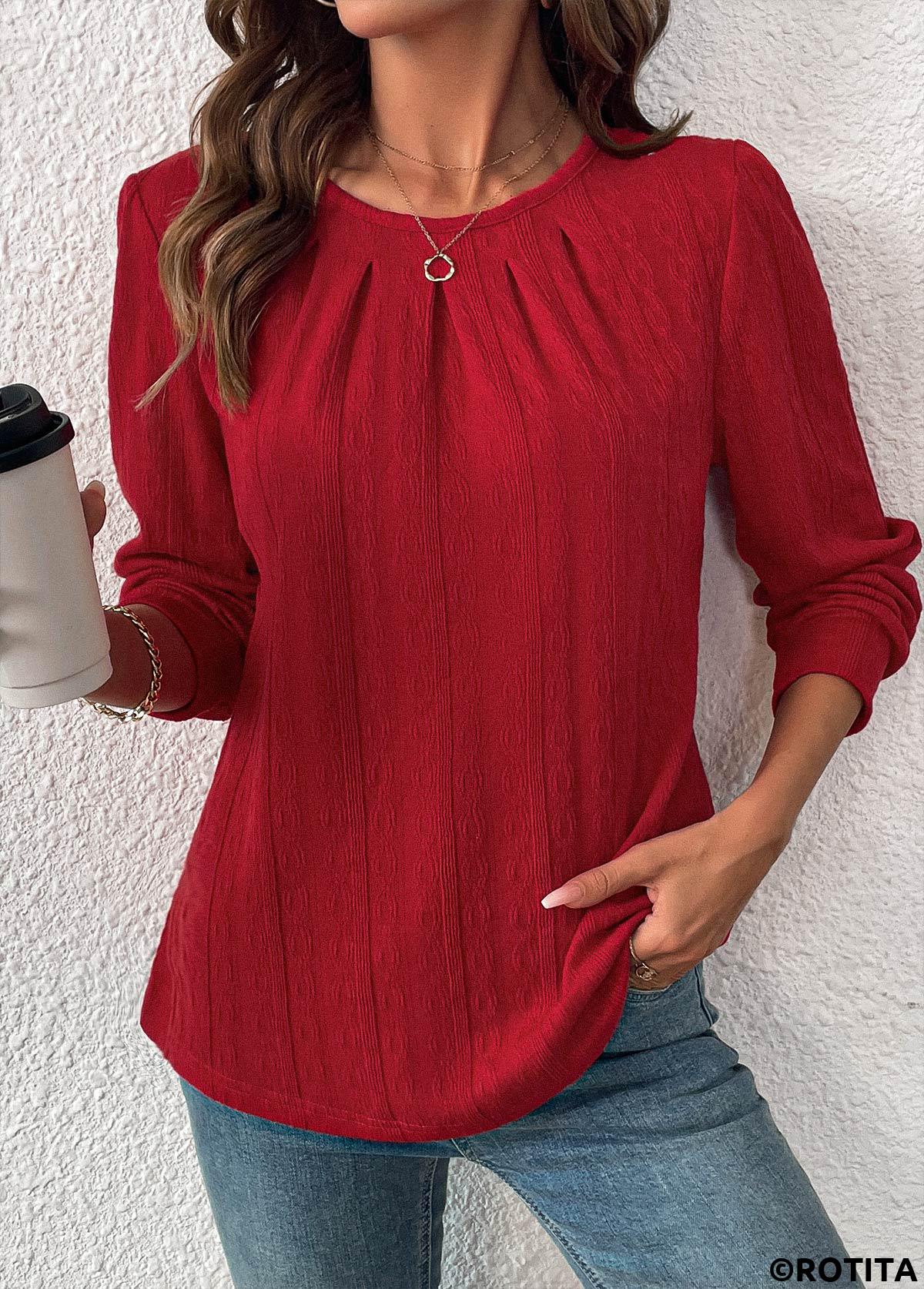 t-shirt à manches longues et col rond rouge vin rotita
