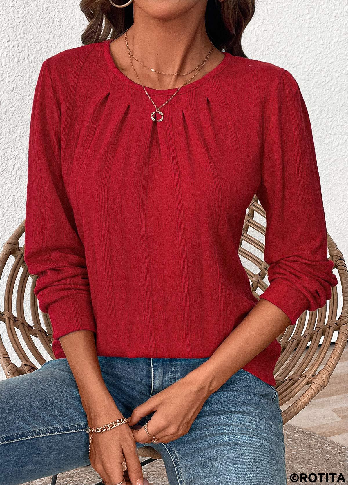 t-shirt à manches longues et col rond rouge vin rotita