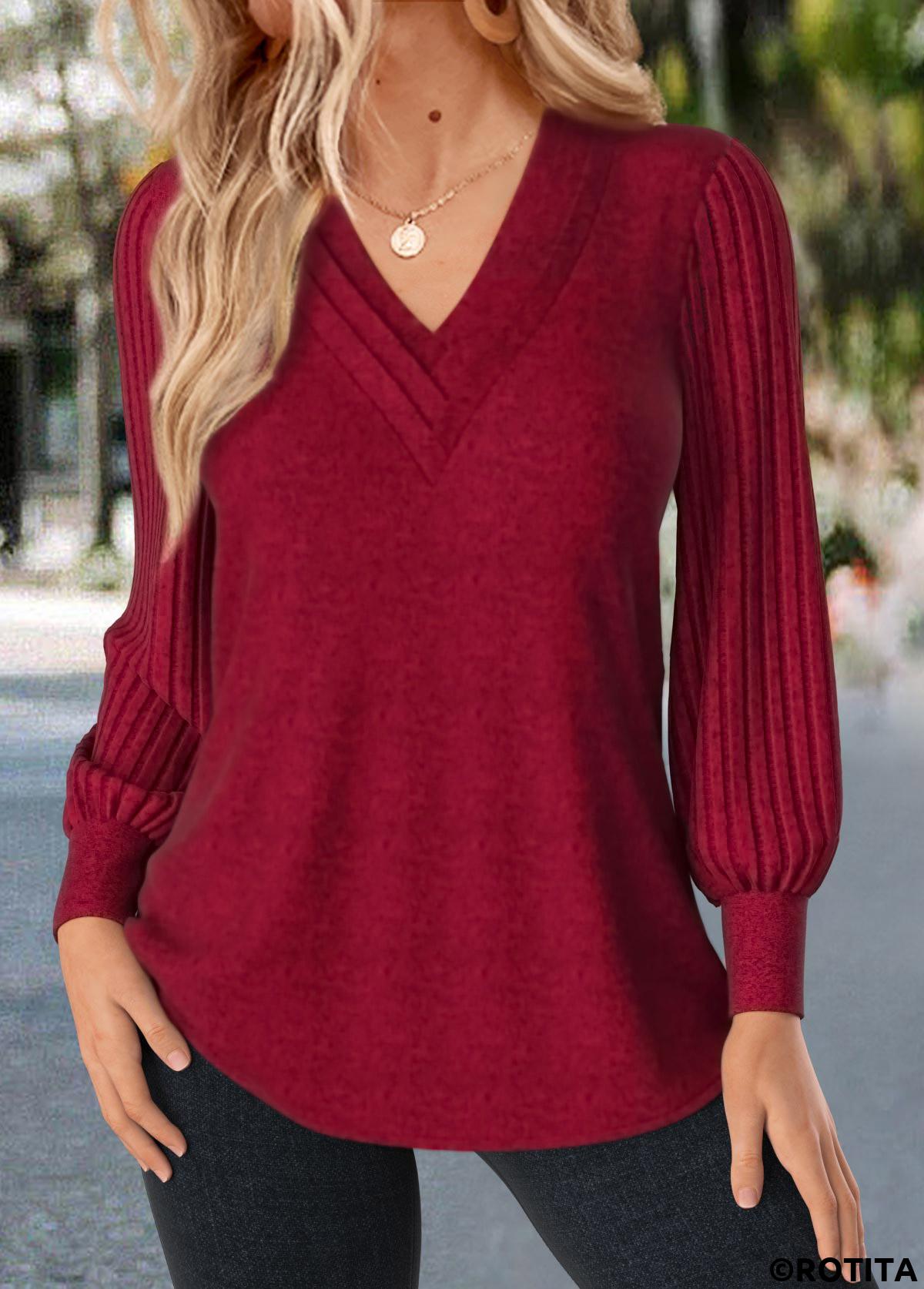 Red tops,Plain Color tops,ROTITA Patchwork Red V Neck Long Sleeve T Shirt