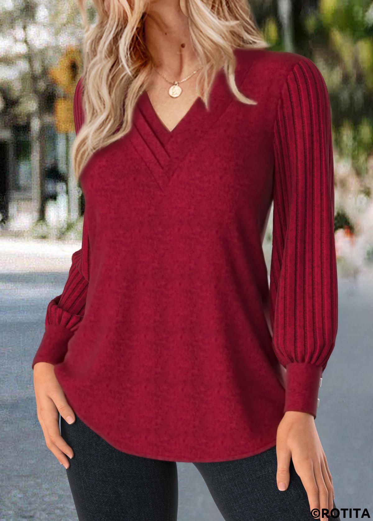 Red tops,Plain Color tops,ROTITA Patchwork Red V Neck Long Sleeve T Shirt