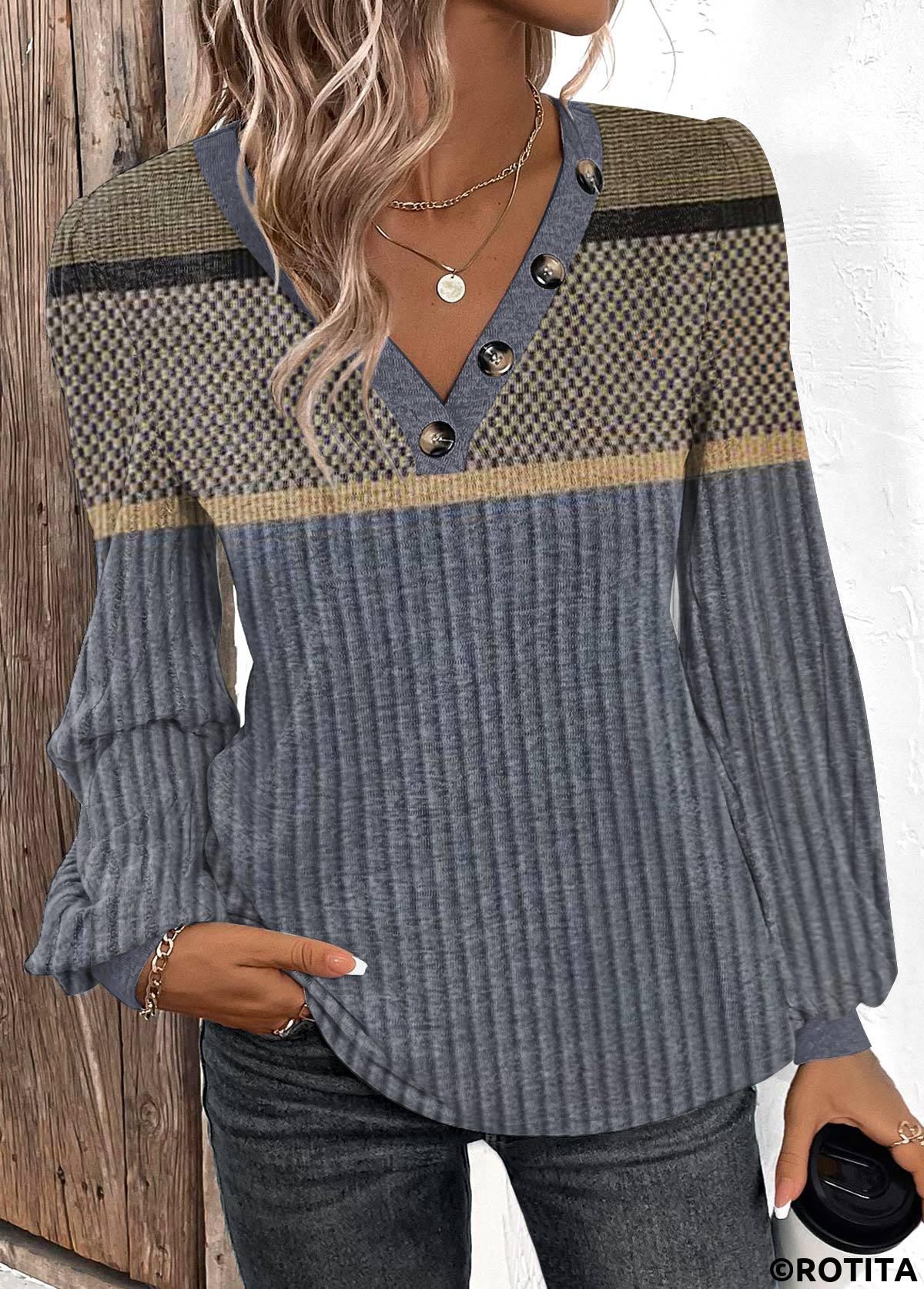 T-shirt col V bleu foncé à imprimé géométrique patchwork Rotita