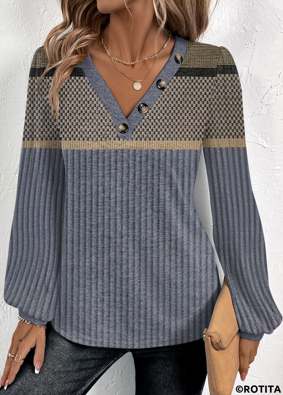 T-shirt col V bleu foncé à imprimé géométrique patchwork Rotita