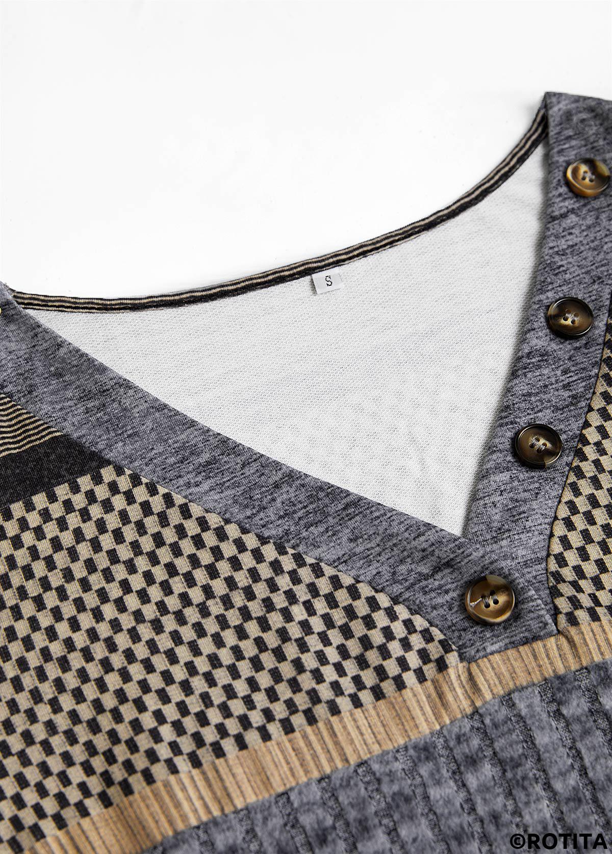 T-shirt col V bleu foncé à imprimé géométrique patchwork Rotita