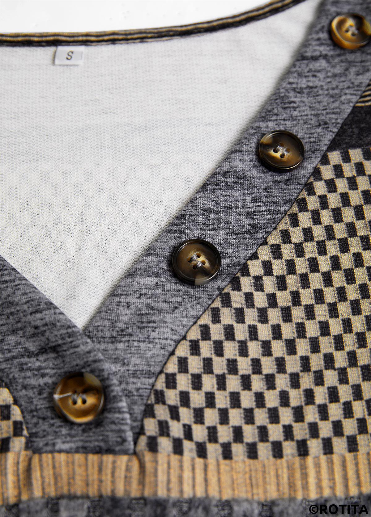 T-shirt col V bleu foncé à imprimé géométrique patchwork Rotita