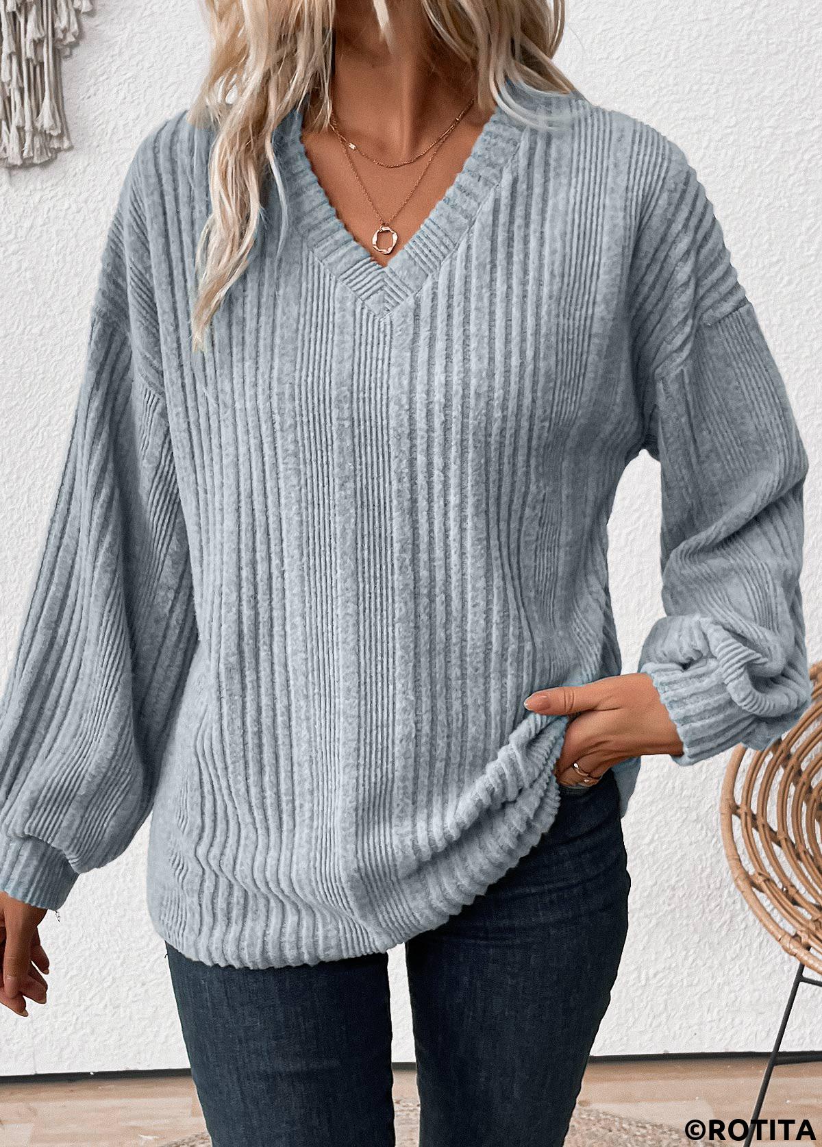 ROTITA Light Blue V Neck Long Sleeve T Shirt