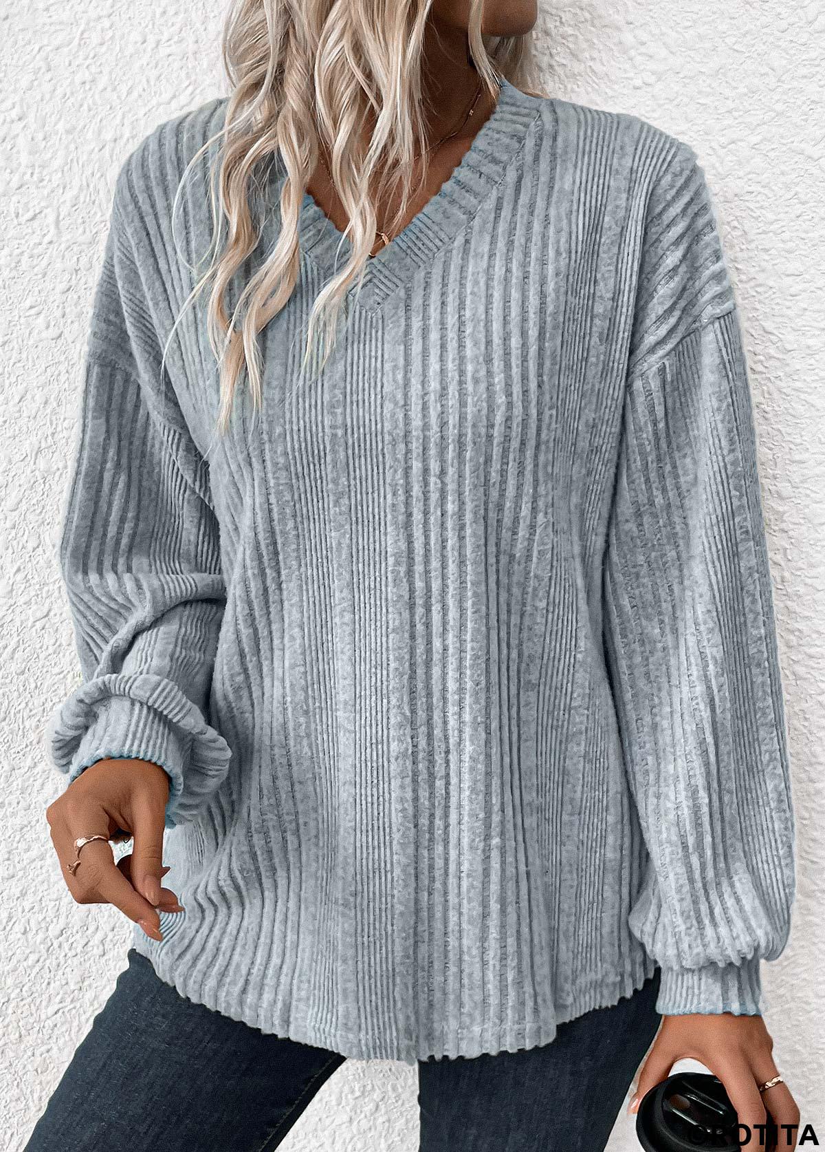 ROTITA Light Blue V Neck Long Sleeve T Shirt