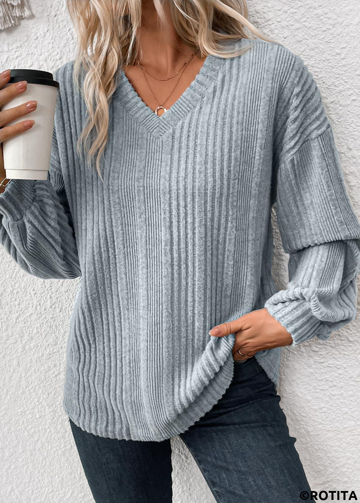 ROTITA Light Blue V Neck Long Sleeve T Shirt