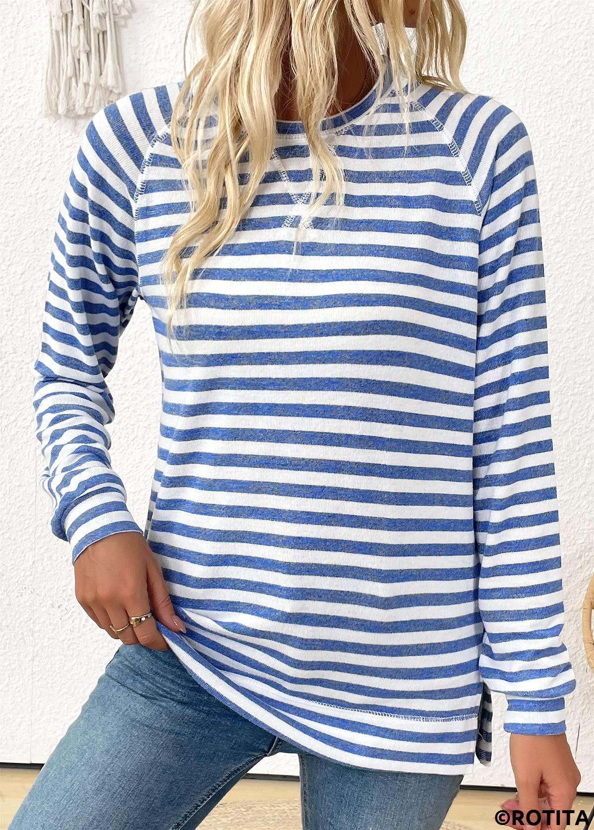 Light Blue tops,Striped tops,Geometric tops,ROTITA Striped Light Blue Round Neck Long Sleeve T Shirt