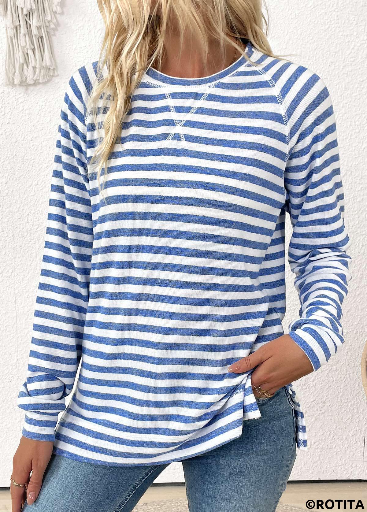 Light Blue tops,Striped tops,Geometric tops,ROTITA Striped Light Blue Round Neck Long Sleeve T Shirt
