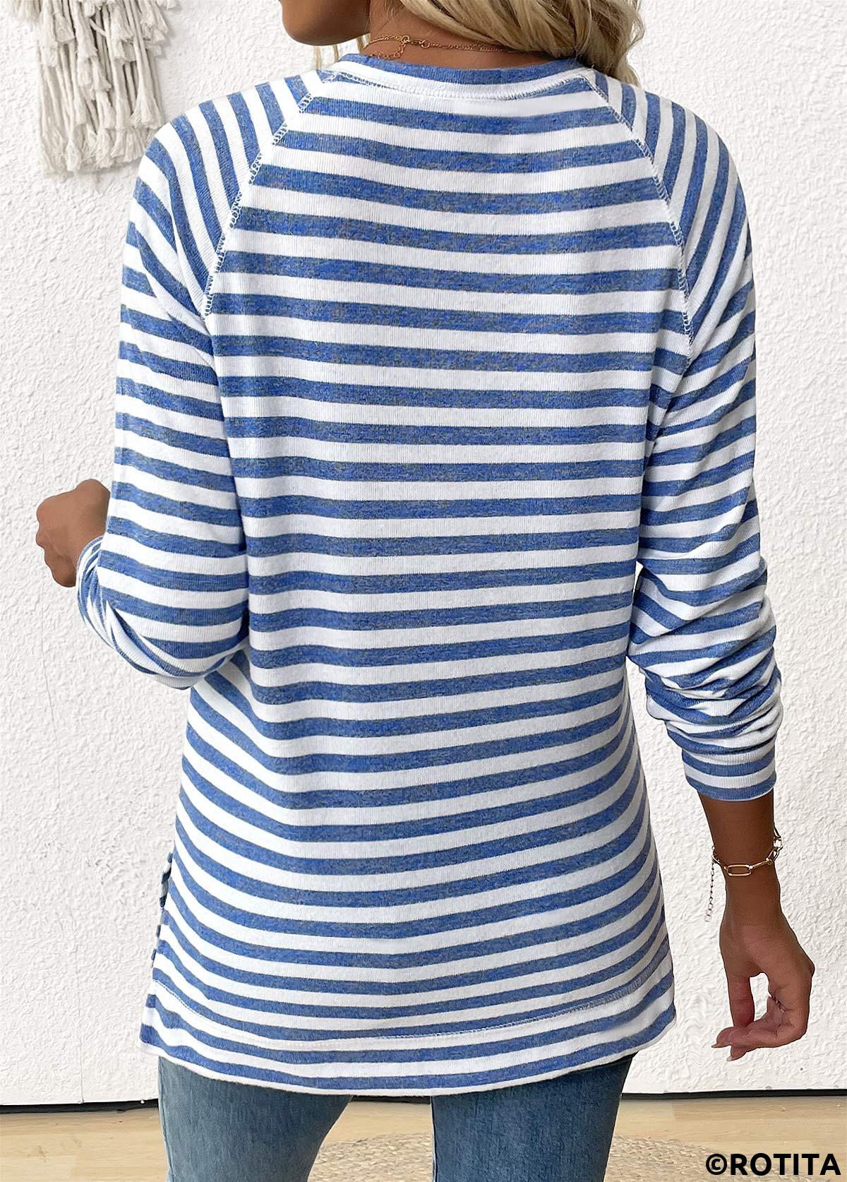 Light Blue tops,Striped tops,Geometric tops,ROTITA Striped Light Blue Round Neck Long Sleeve T Shirt