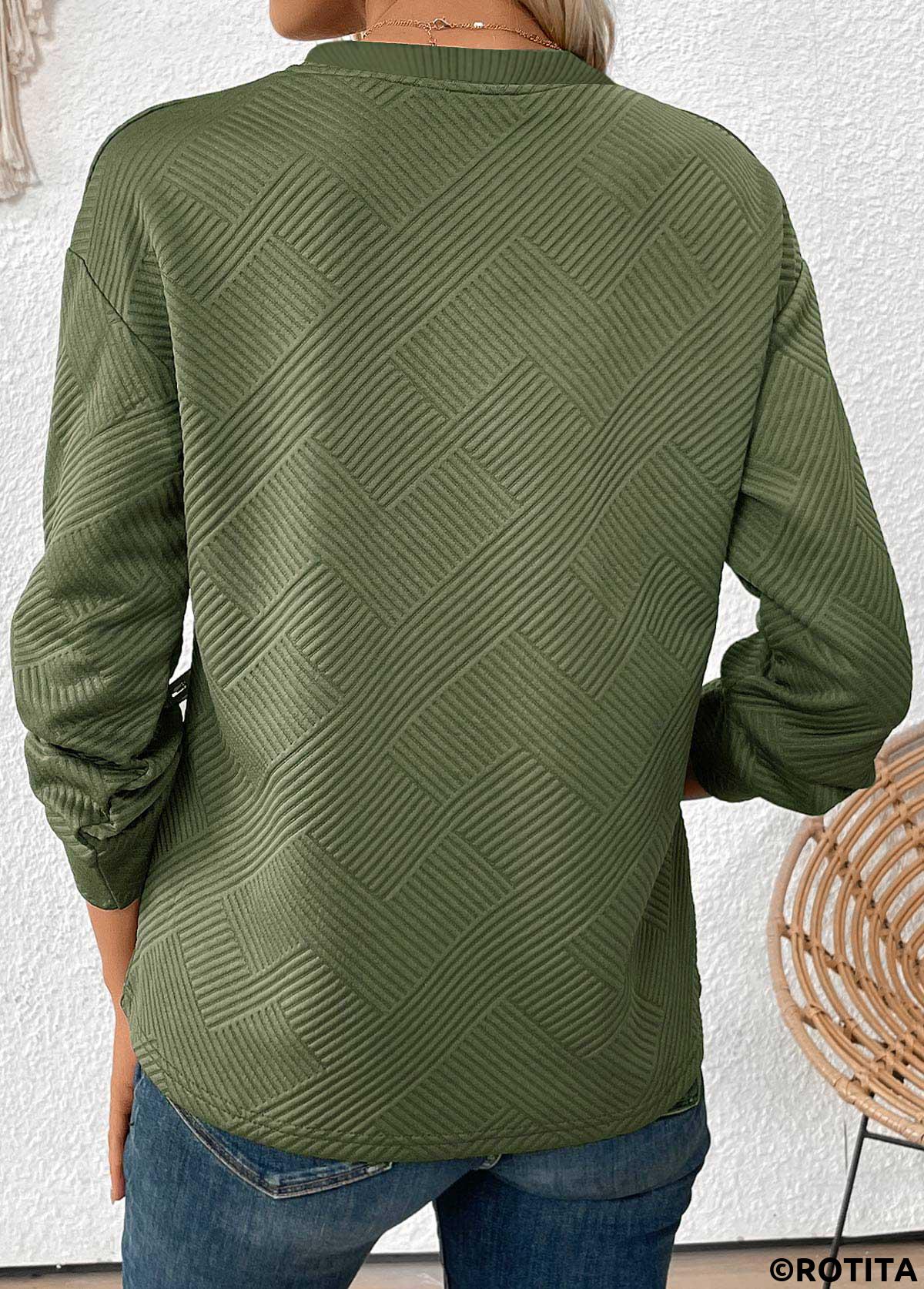 Olive Green tops,Plain Color tops,ROTITA Jacquard Olive Green Round Neck Long Sleeve Sweatshirt