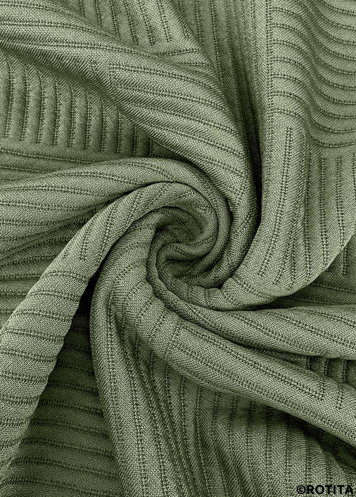 Olive Green tops,Plain Color tops,ROTITA Jacquard Olive Green Round Neck Long Sleeve Sweatshirt