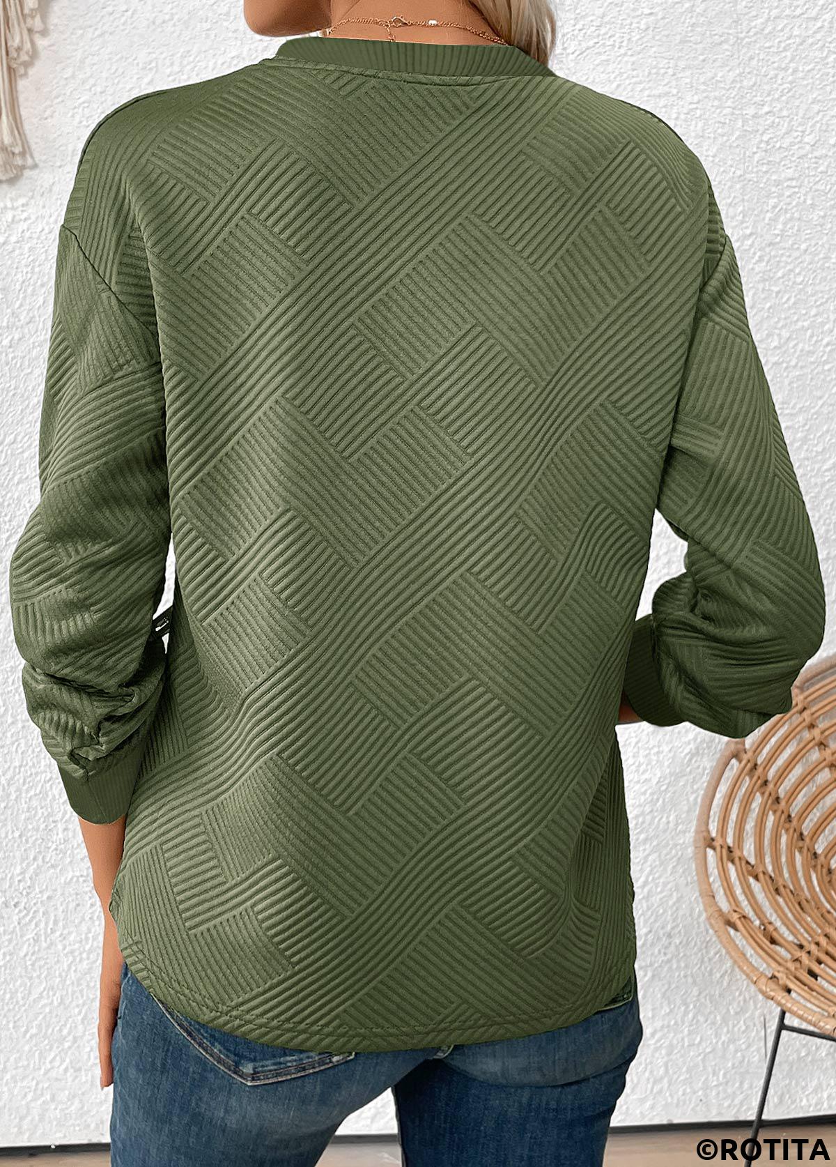 Olive Green tops,Plain Color tops,ROTITA Jacquard Olive Green Round Neck Long Sleeve Sweatshirt