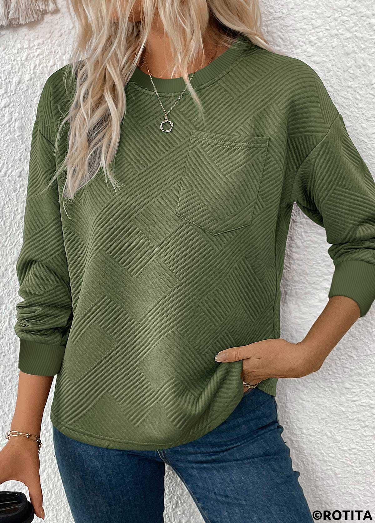 Olive Green tops,Plain Color tops,ROTITA Jacquard Olive Green Round Neck Long Sleeve Sweatshirt